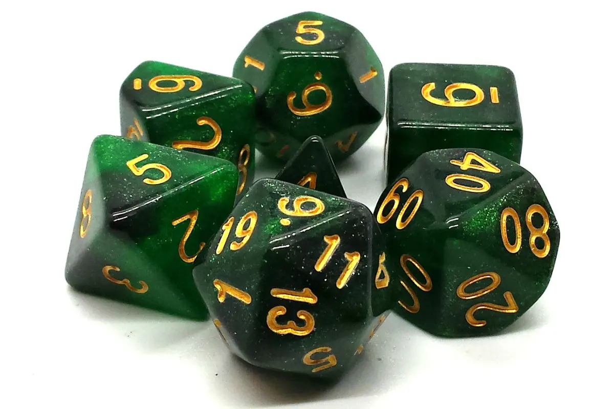 Old School 7 Piece Dnd Rpg Dice Set: Galaxy - Green & Black 1