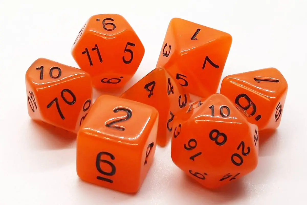 Old School 7 Piece Dnd Rpg Dice Set: Glow Dice - Orange 1