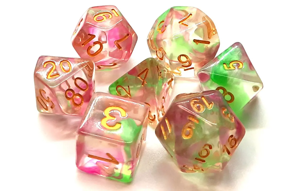 Old School 7 Piece Dnd Rpg Dice Set: Nebula - Rose Red & Green 1