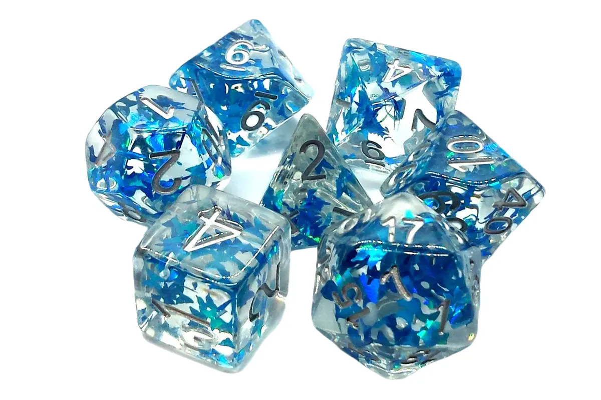 Old School 7 Piece Dnd Rpg Dice Set: Infused - Blue Butterfly W/ Silver 1