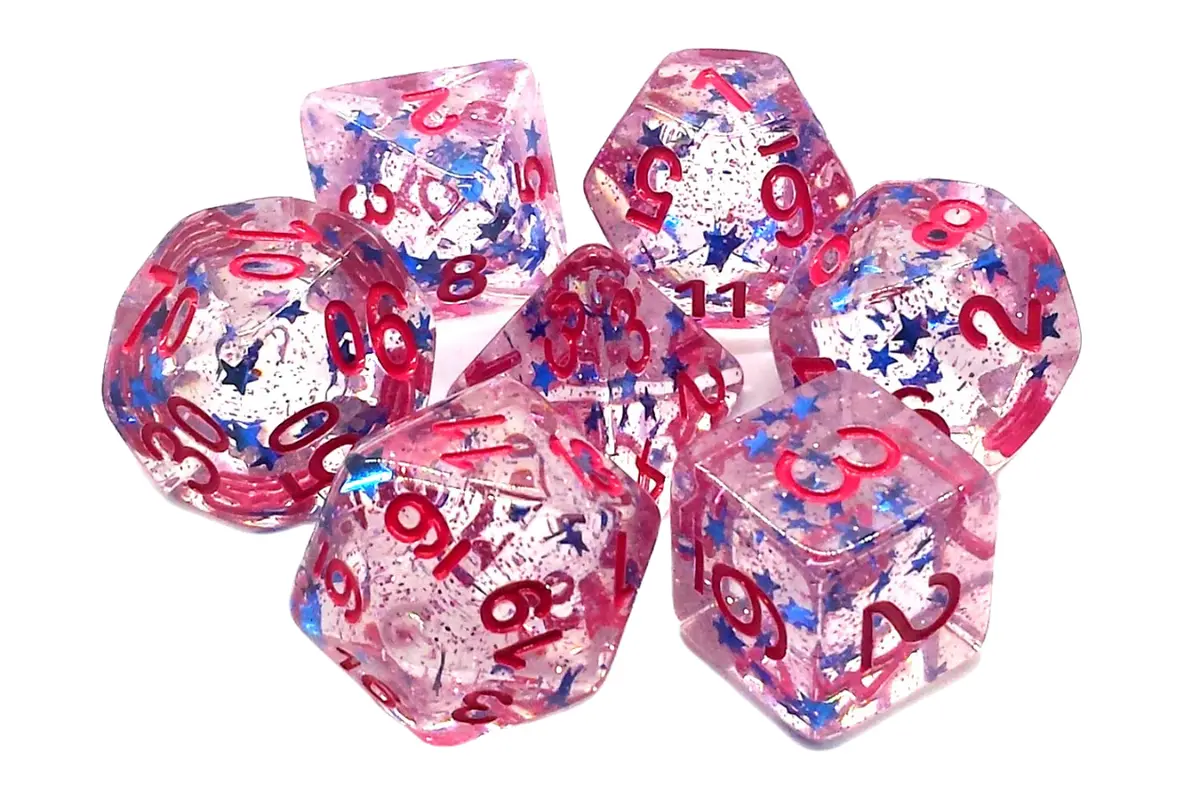 Old School 7 Piece Dnd Rpg Dice Set: Infused - Blue Stars W/ Red 1