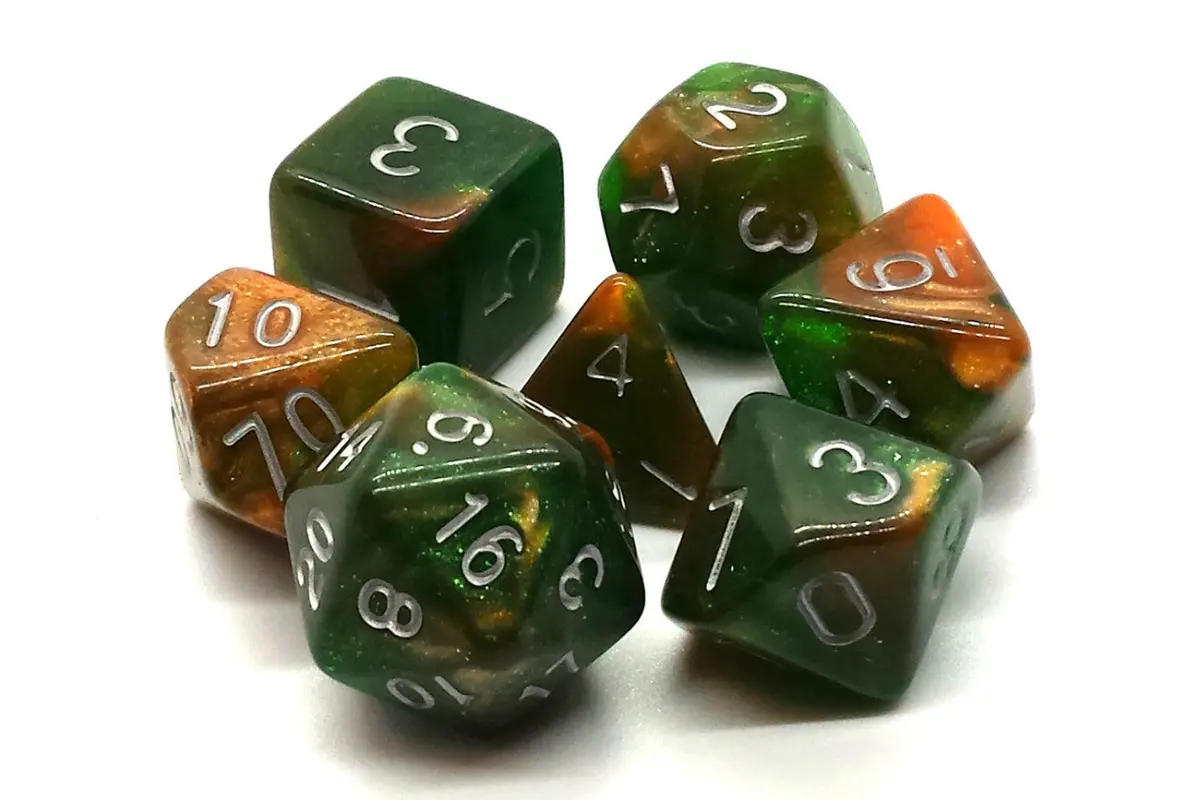 Old School 7 Piece Dnd Rpg Dice Set: Galaxy - Emerald & Orange 1