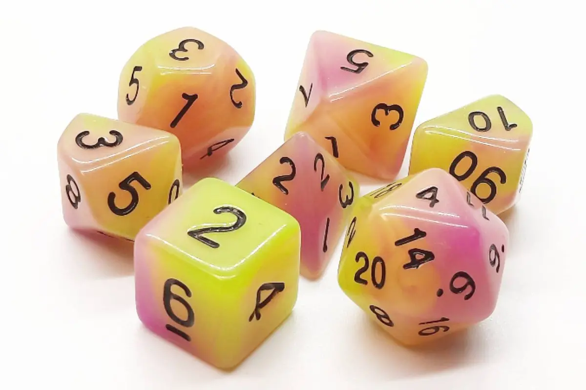 Old School 7 Piece Dnd Rpg Dice Set: Glow Dice - Yellow & Purple 1