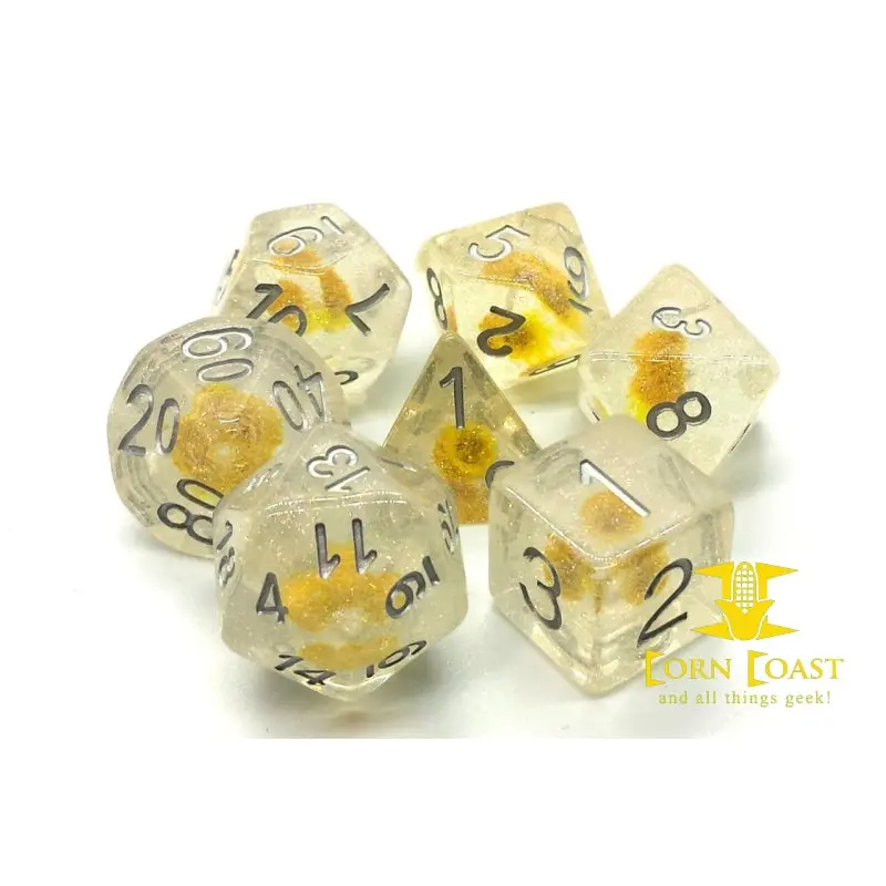 Old School 7 Piece Dnd Rpg Dice Set: Infused - Iridescent Yellow Flower 1