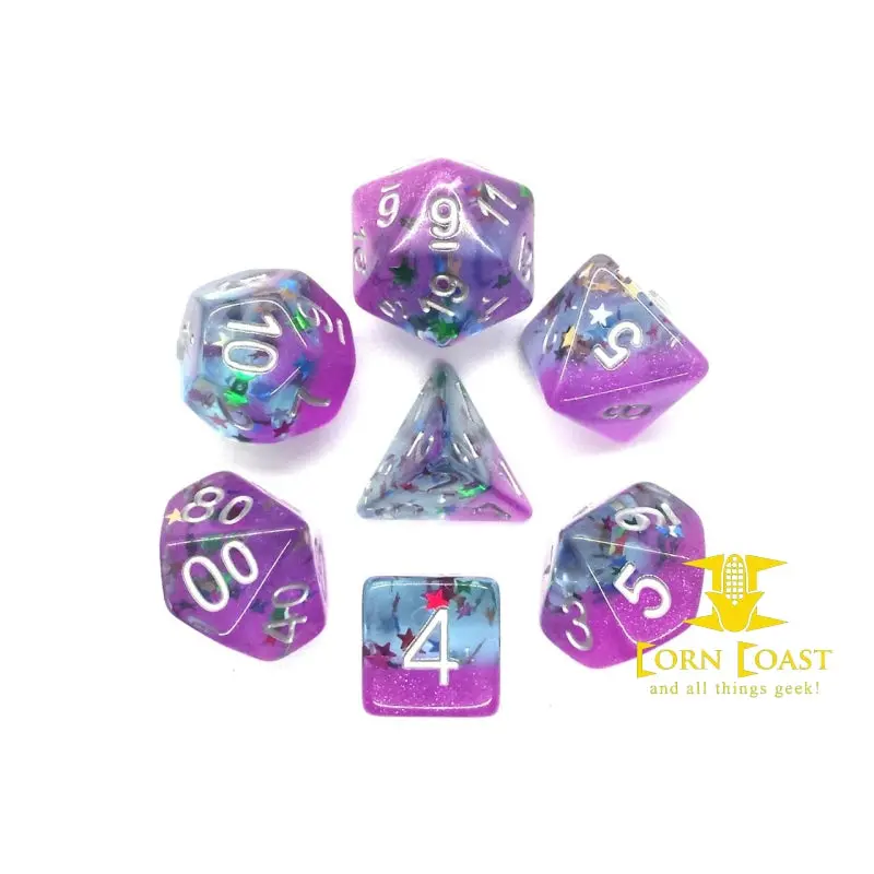 Old School 7 Piece Dnd Rpg Dice Set: Infused - Mixed Stars W/ Purple & Silver 2
