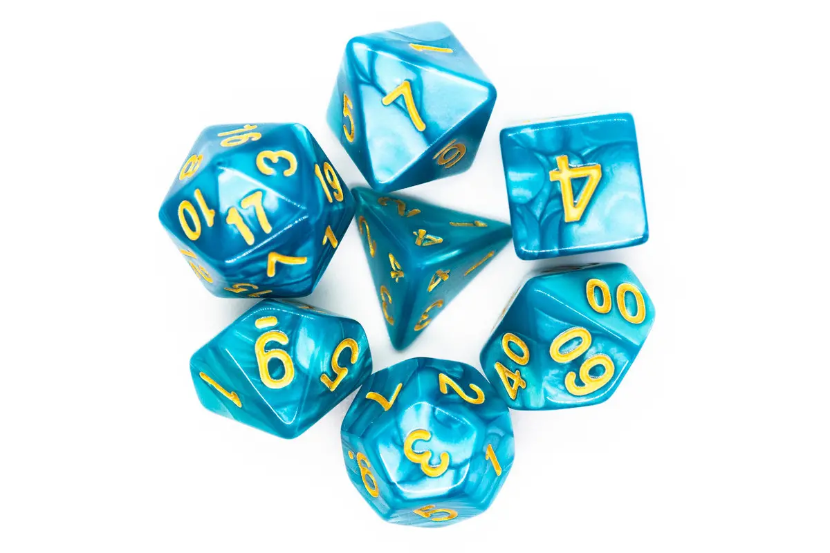 Old School 7 Piece Dnd Rpg Dice Set: Pearl Drop - Ocean W/ Gold 1