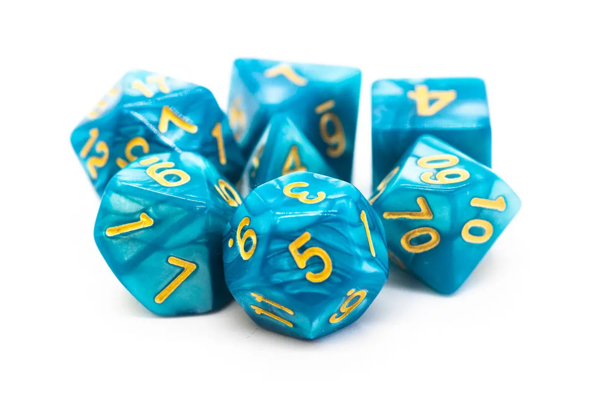 Old School 7 Piece Dnd Rpg Dice Set: Pearl Drop - Ocean W/ Gold 2