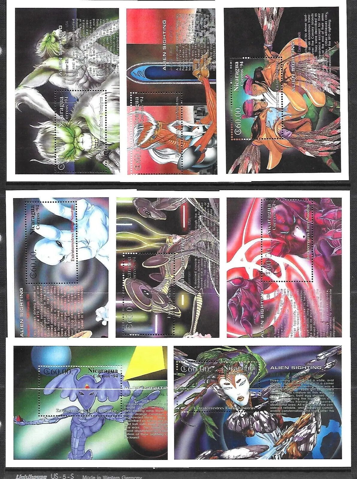 Nicaragua 8 Souvenir Sheet Of 1994 - Alien Sightings Stamps 2