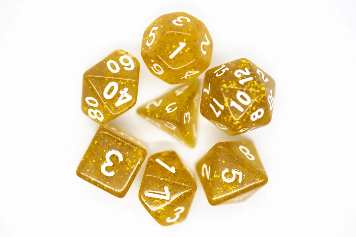 Old School 7 Piece Dnd Rpg Dice Set: Sparkle - Translucent Gold 2