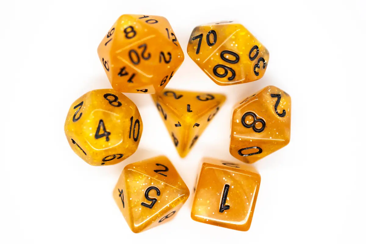 Old School 7 Piece Dnd Rpg Dice Set: Sparkle - Translucent Orange W/ Black 2
