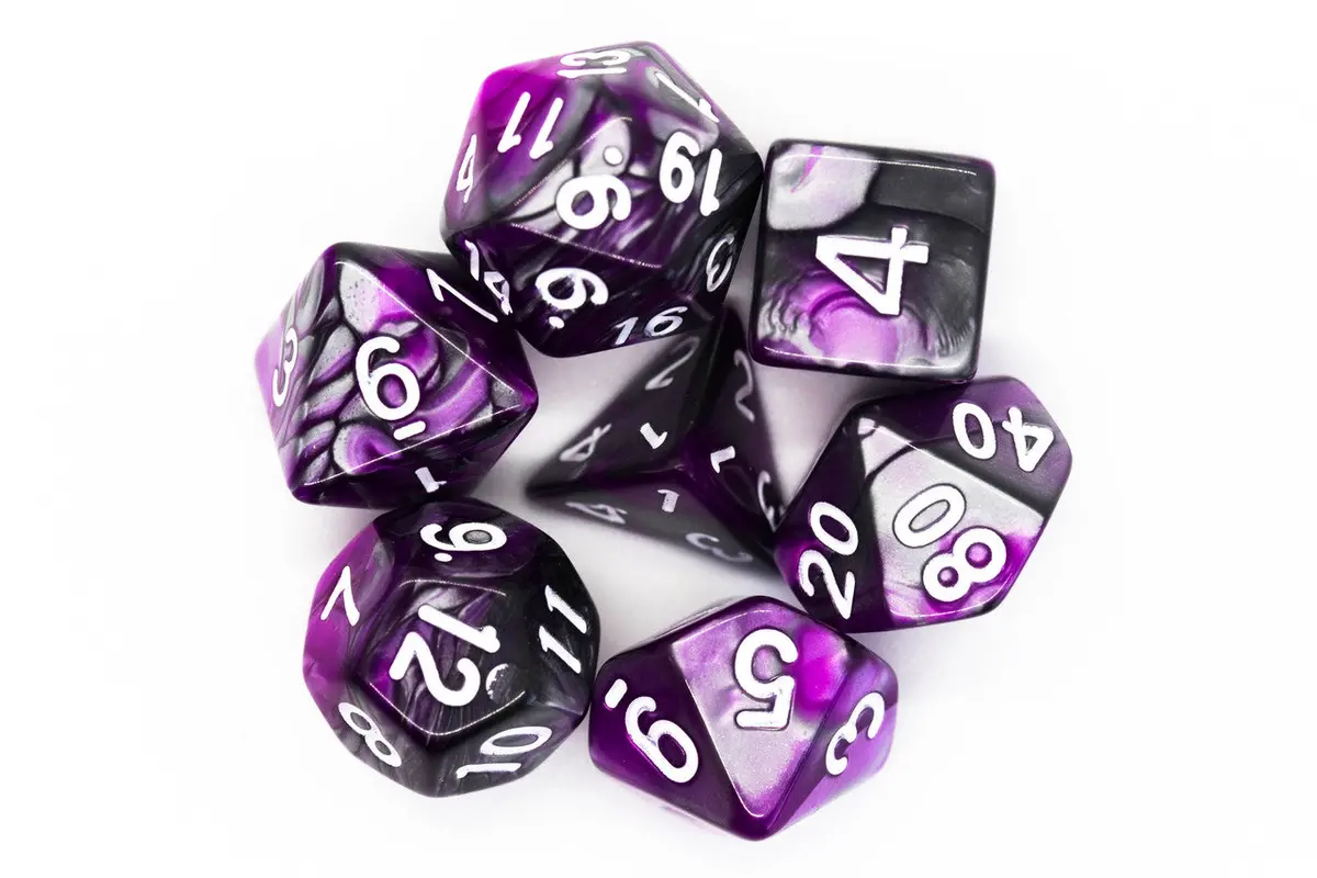Old School 7 Piece Dnd Rpg Dice Set: Vorpal - Silver & Purple 2