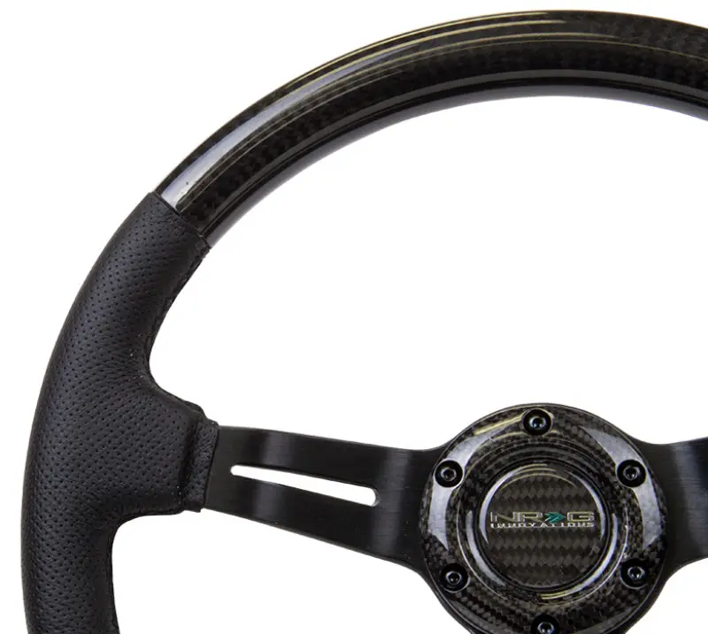 Nrg Carbon Fiber Steering Wheel (350Mm / 1.5In. Deep) Leather Trim W/Blk Stitch & Slit Cutout Spokes 1