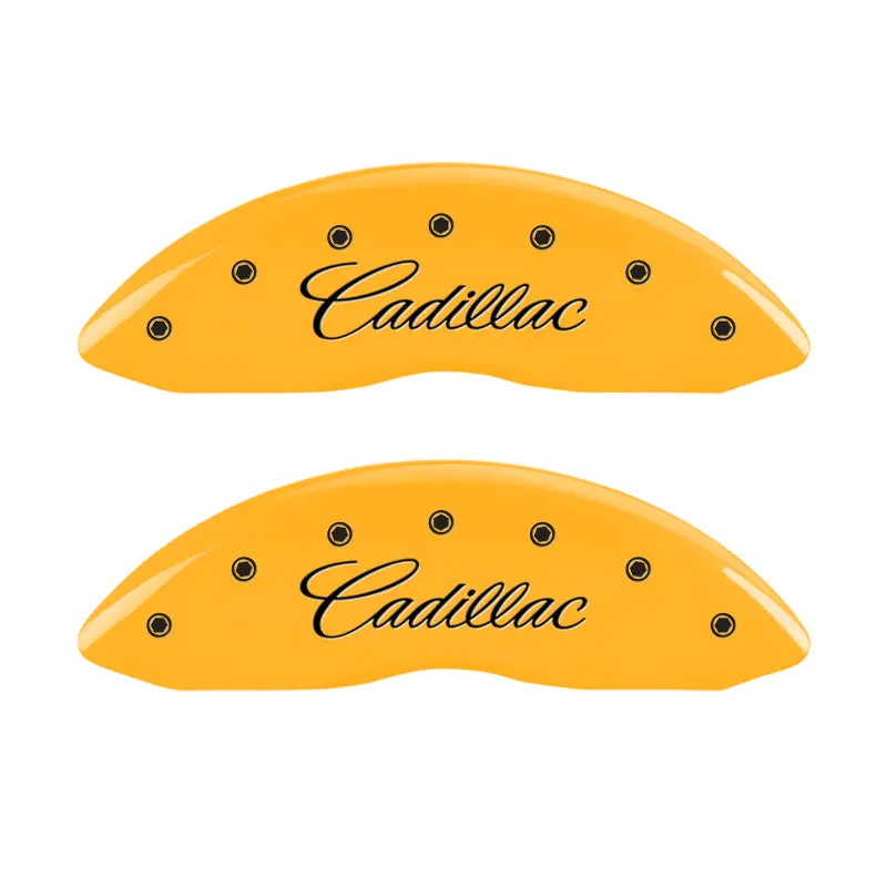 Mgp Engraved 4-Piston Caliper Covers – Cadillac Yellow & Black Cursive Design For Front/Rear Axles 2