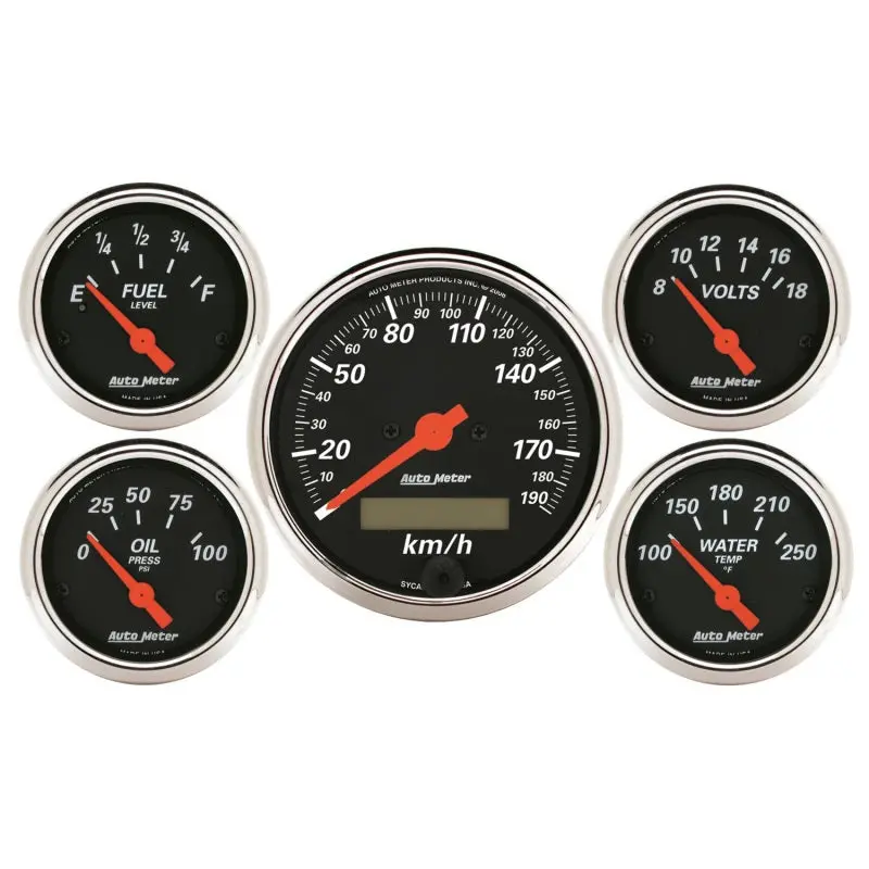 Autometer Designer Black 5-Inch Gauge Kit – Includes Electric Kmh Speedometer, Oil Pressure, Water Temperature, Voltmeter & Fuel Level Gauges 1